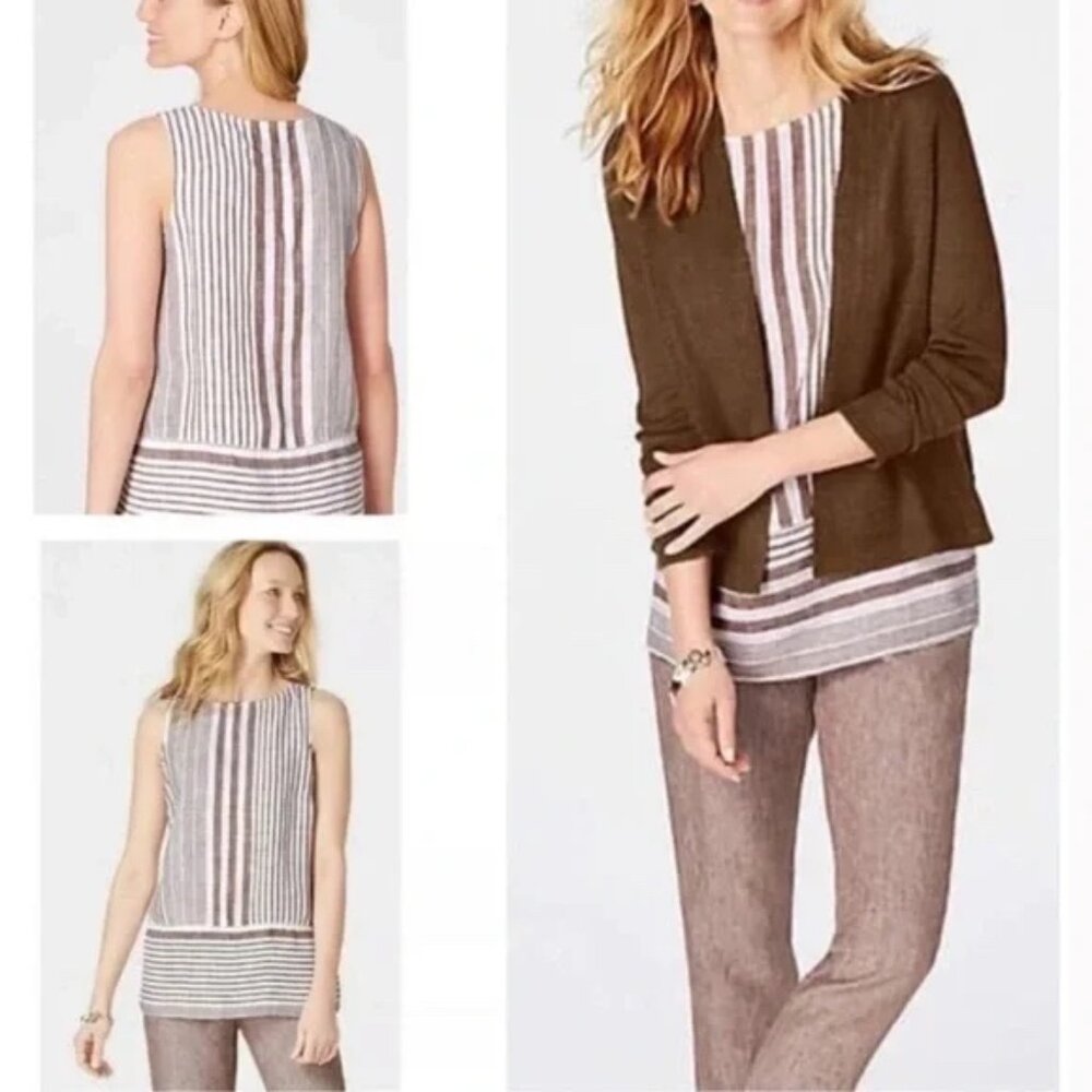 J. Jill Love Linen Brown White Striped Sleeveless Tank Top Small Petite